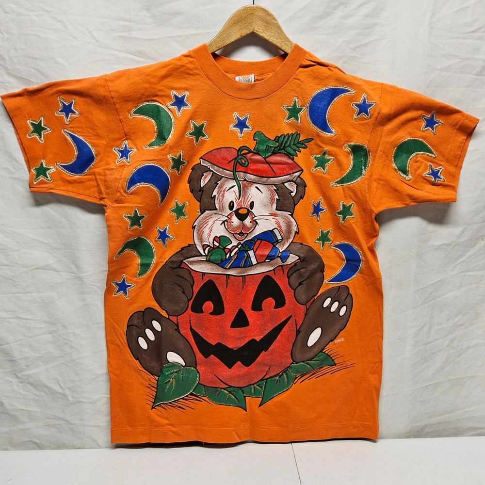 Freeze Halloween T-Shirt Women Large Orange Vintage 1996 Single Stitch Bear Moon